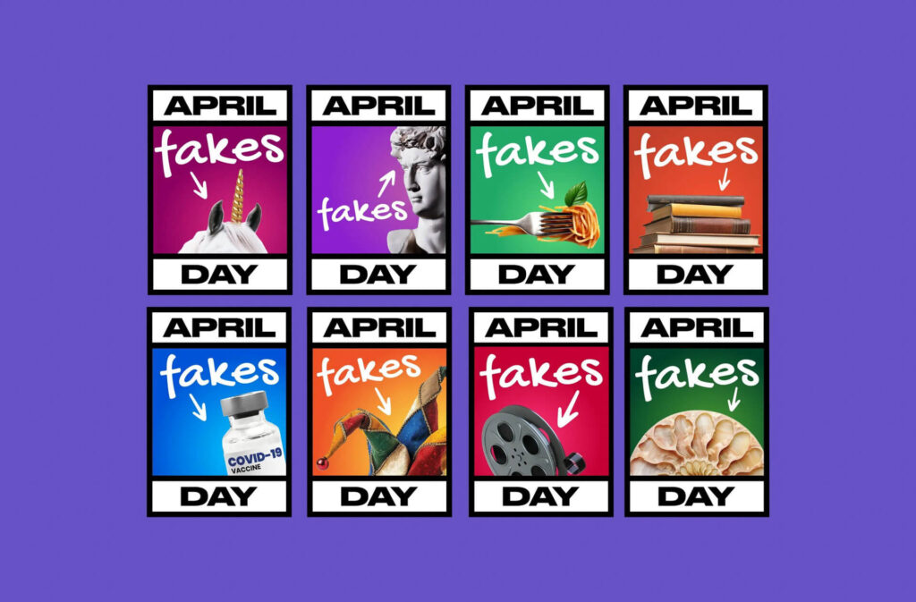 April Fakes Day posters featuring diverse imagery: unicorn, statue, spaghetti, books, vaccine, jester, film reel, brain.