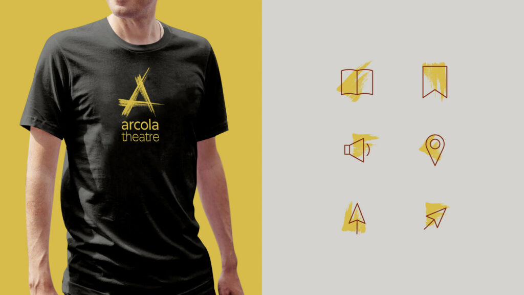 Arcola Theatre logo on black t-shirt, with graphic icons