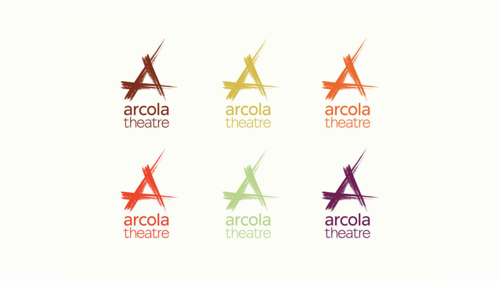Arcola Theatre logo variations in six earthy and vibrant colors.