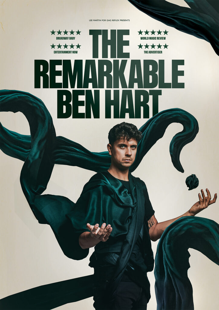 The Remarkable Ben Hart magician in a dark green robe with swirling fabric.