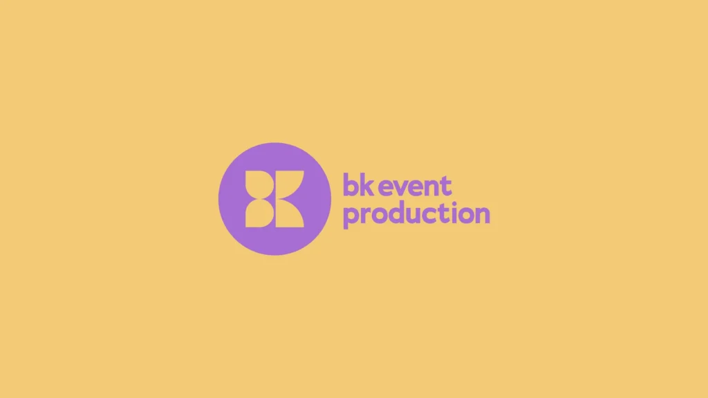 BK Event Production logo with purple 'BK' design on yellow background