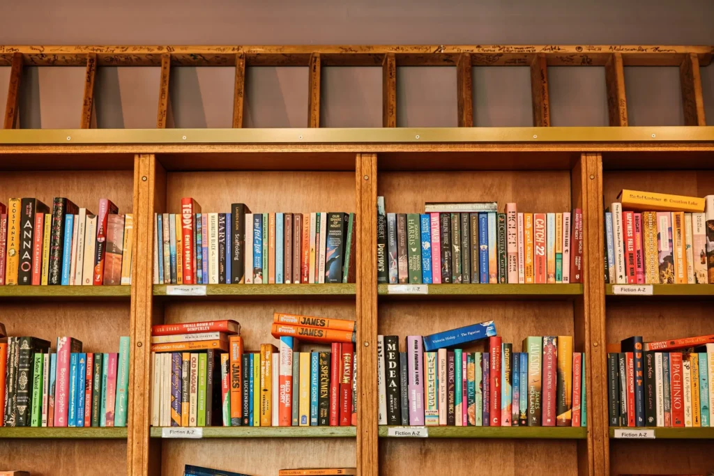 Edinburgh bookshop shelves filled with diverse fiction and non-fiction titles.