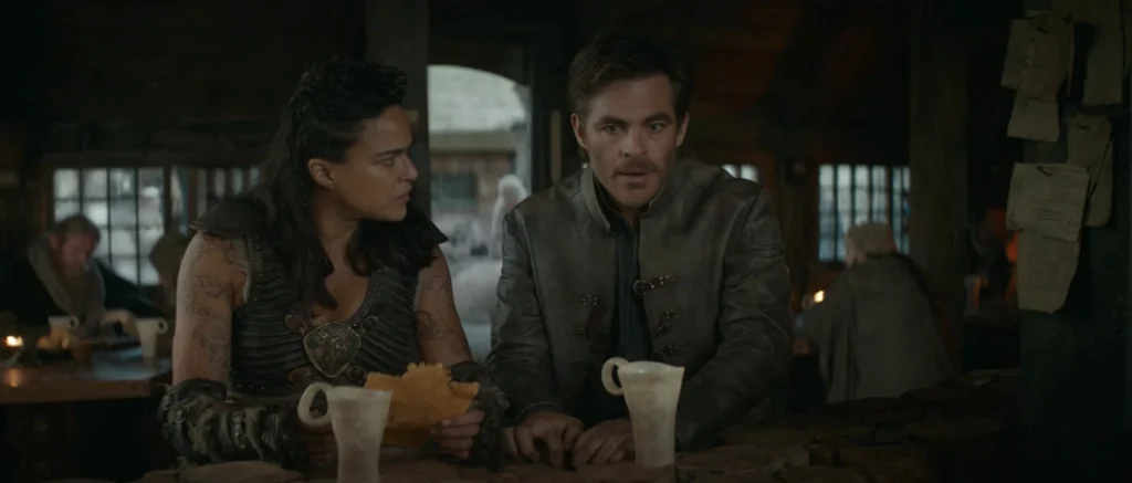 Chris Pine and Michelle Rodriguez in a Dungeons & Dragons tavern scene