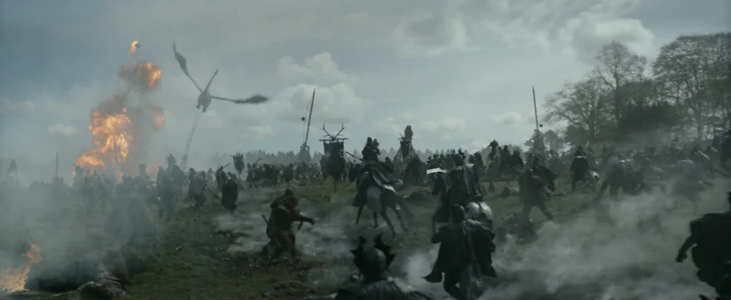 Fantasy battle scene with dragon, knights, and fire, inspired by Dungeons & Dragons
