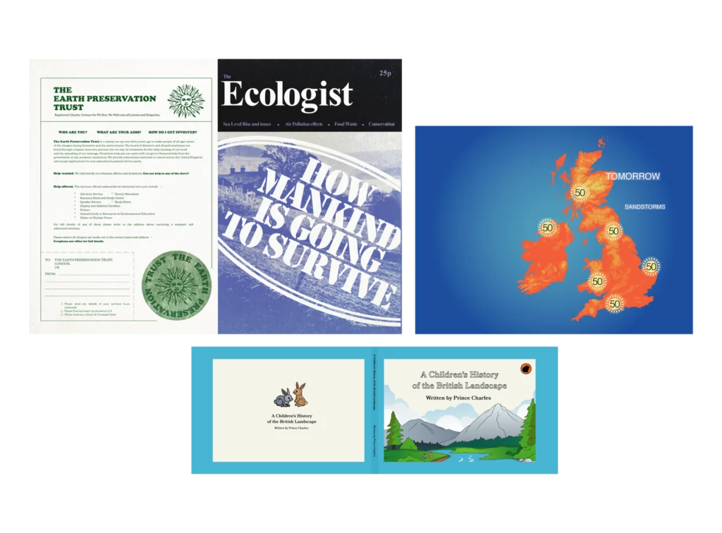 Period props: Ecologist magazine, Earth Preservation Trust, and Prince Charles's book
