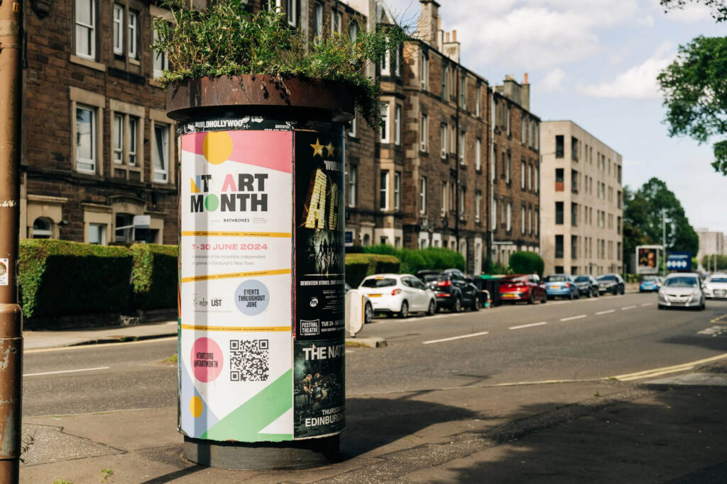 Art Month Edinburgh poster on a street pillar, New Town Art Month.