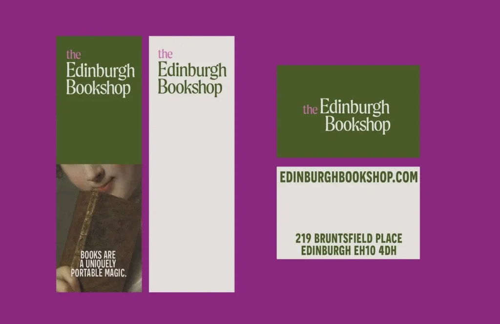 The Edinburgh Bookshop logo and contact details on a purple background