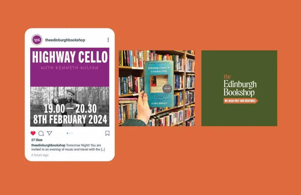 The Edinburgh Bookshop event flyer, book display, and logo