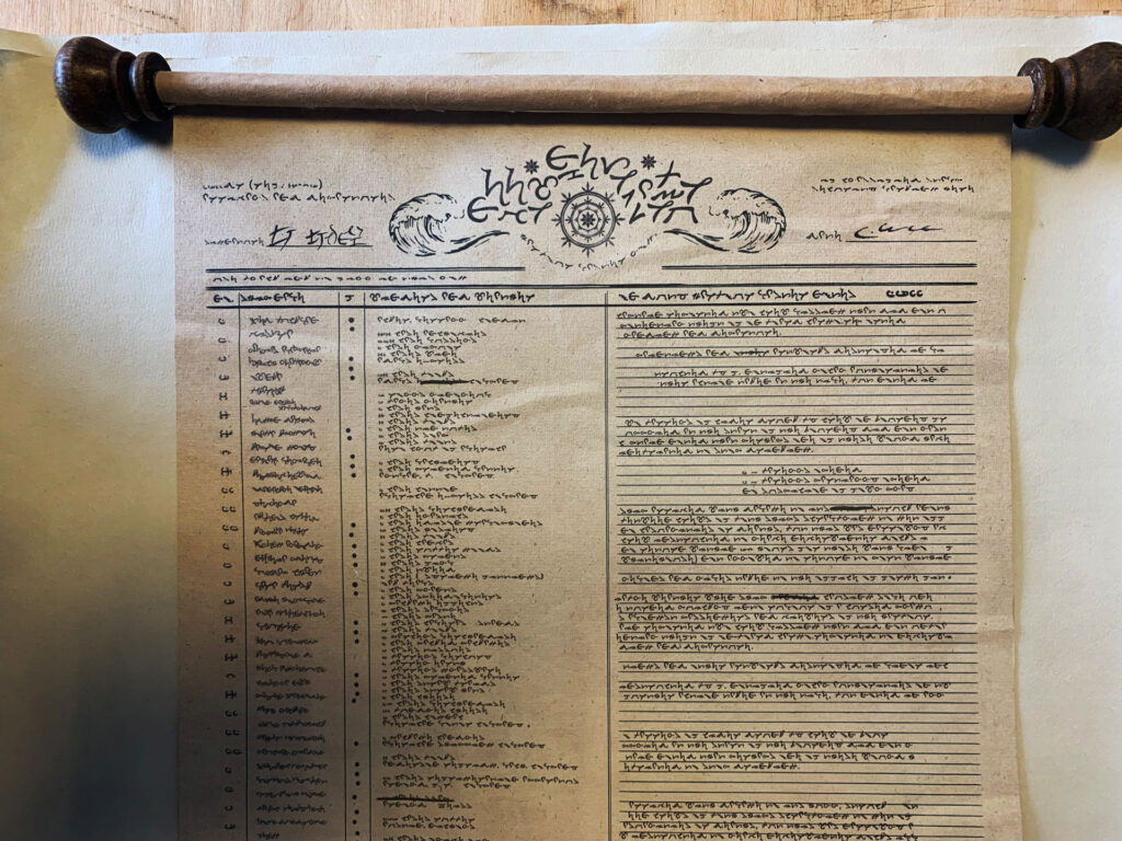 Dungeons & Dragons scroll with Elvish script and tables of names