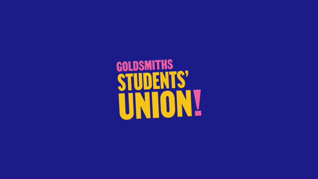 Goldsmiths Students' Union logo with bold yellow and pink text on a blue background.