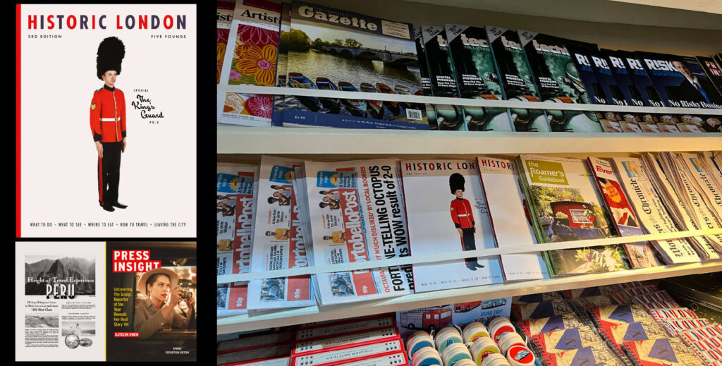 Paddington Bear book cover and magazines featuring him, with a Peru travel guide.