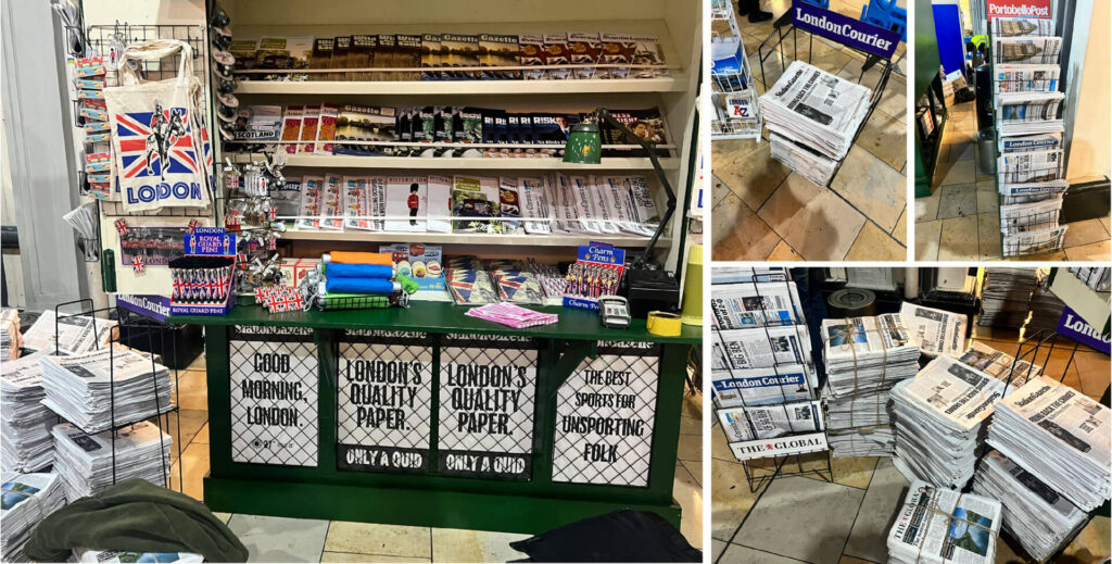 Paddington Station newsstand: London newspapers, souvenirs, and the iconic Paddington bear.