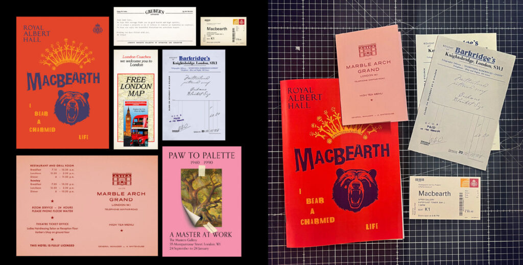 Macbeth theatre program, map, and hotel receipts from London