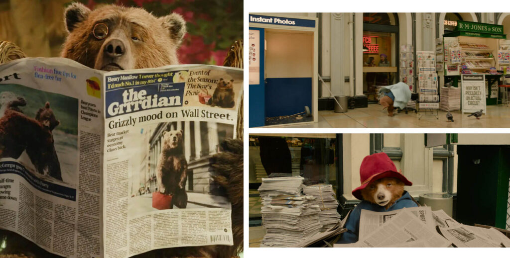 Paddington Bear reads The Guardian newspaper, featuring a grizzly market report.
