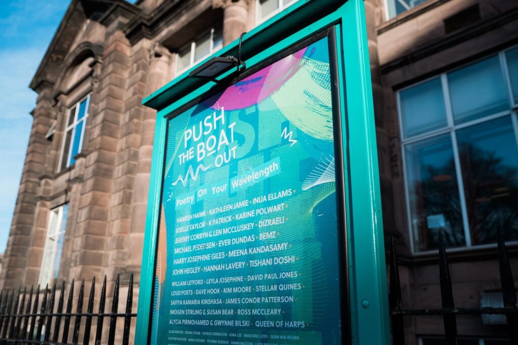 Push the Boat Out 2023 poetry event sign with list of poets