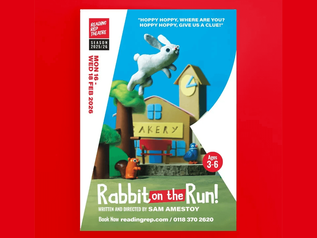 Reading Rep Theatre poster: Rabbit on the Run! with claymation rabbit, bakery, and dates.
