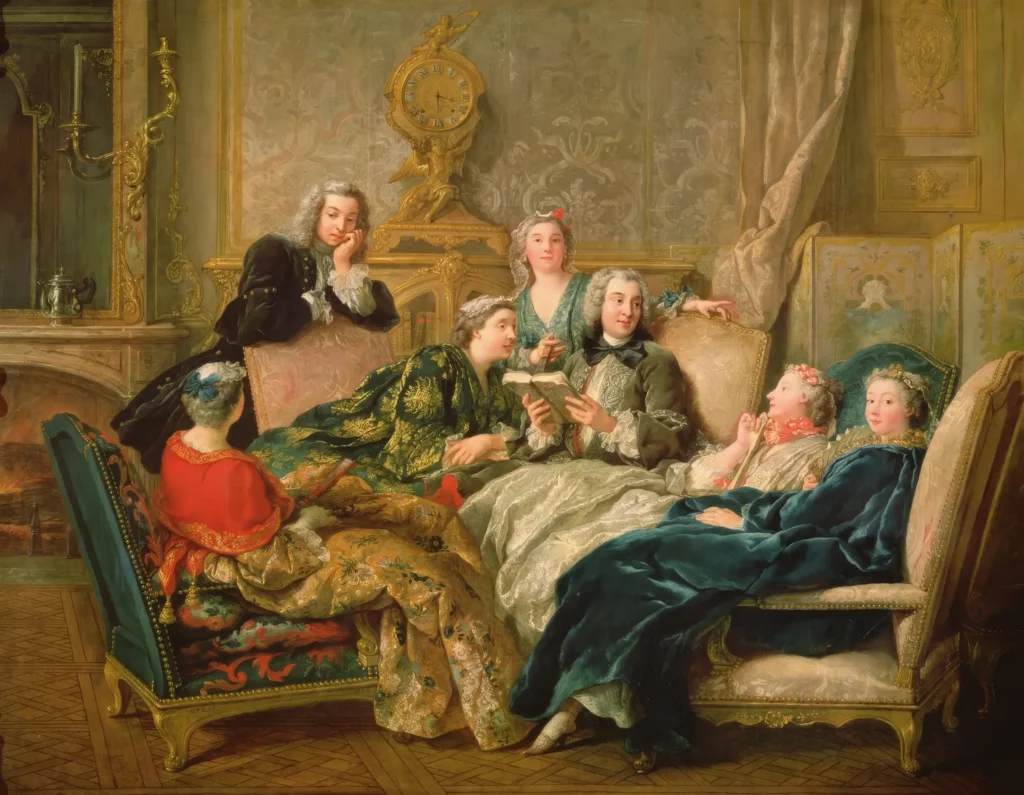 Rococo painting of women reading and conversing in a lavish salon