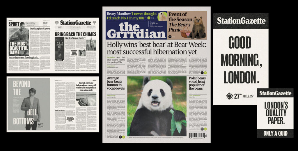 Station Gazette newspaper front page featuring a panda and headlines about bears and London