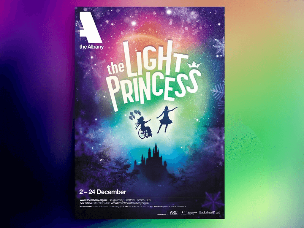 The Light Princess poster: silhouette of a girl in a wheelchair and a girl with balloons against a magical, starry background.