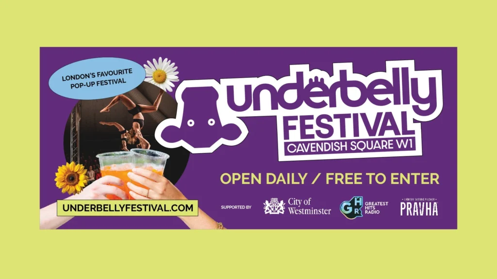 Underbelly Festival Cavendish Square poster: dancers, drinks, flowers, logo, text
