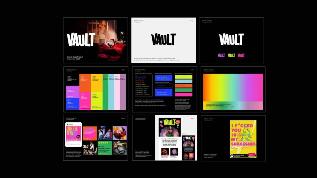 Vault brand guidelines: logo variations, color palettes, and typography examples.