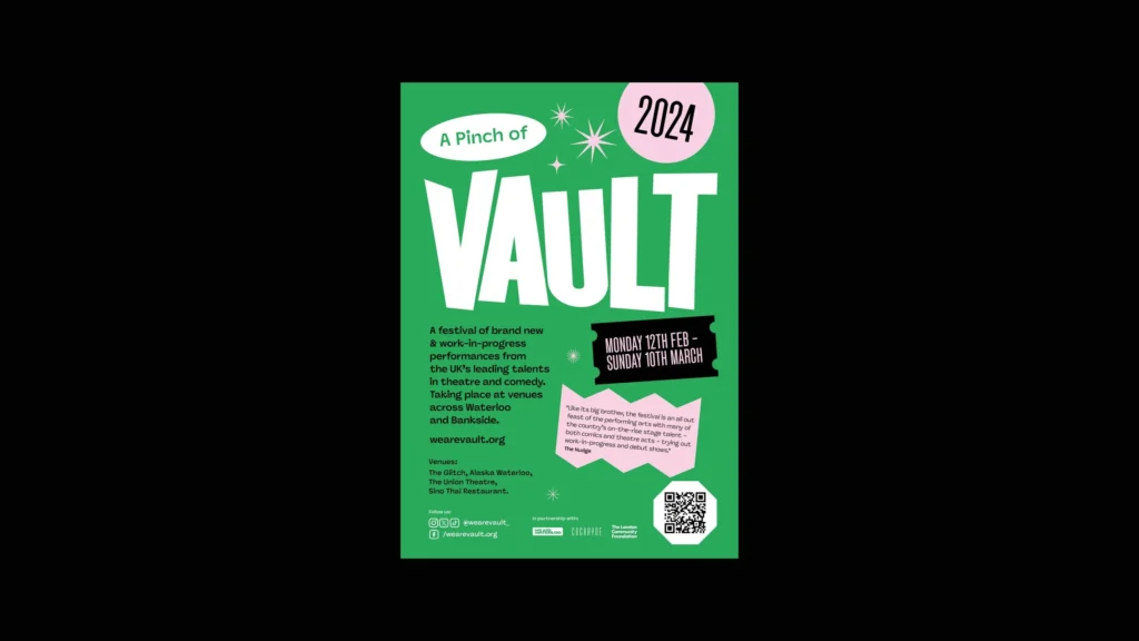 Vault festival poster: A Pinch of Vault 2024, Feb 12th - Mar 10th, London venues