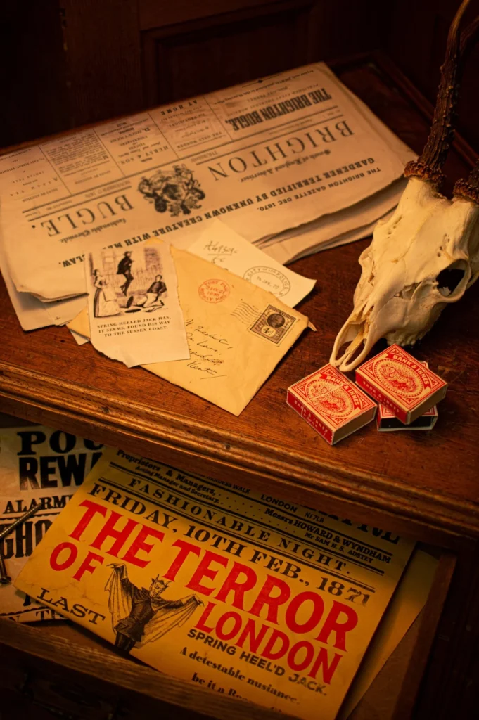Victorian era props: newspaper, letters, matches, and deer skull.