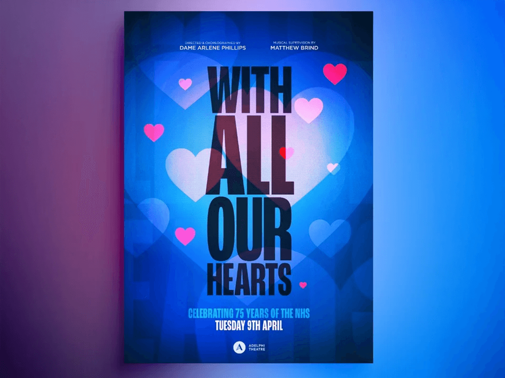 Poster for "With All Our Hearts" celebrating 75 years of the NHS at Adelphi Theatre.