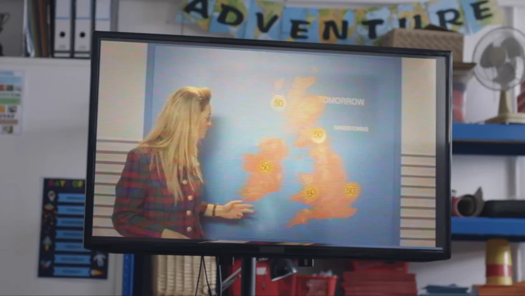 Woman in 80s fashion presents a weather map with sandstorms over the UK.