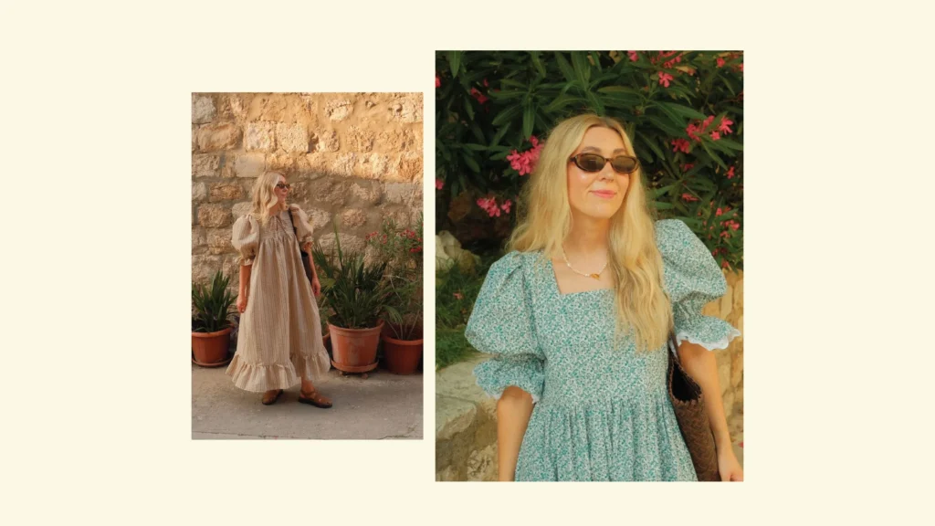 Woman in a flowy floral dress and sunglasses, inspired by "Up From A Dream" aesthetic.