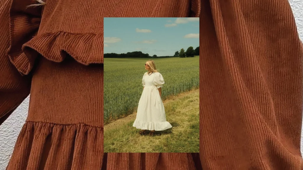 Model in white dress in a field, styled with a brown corduroy dress