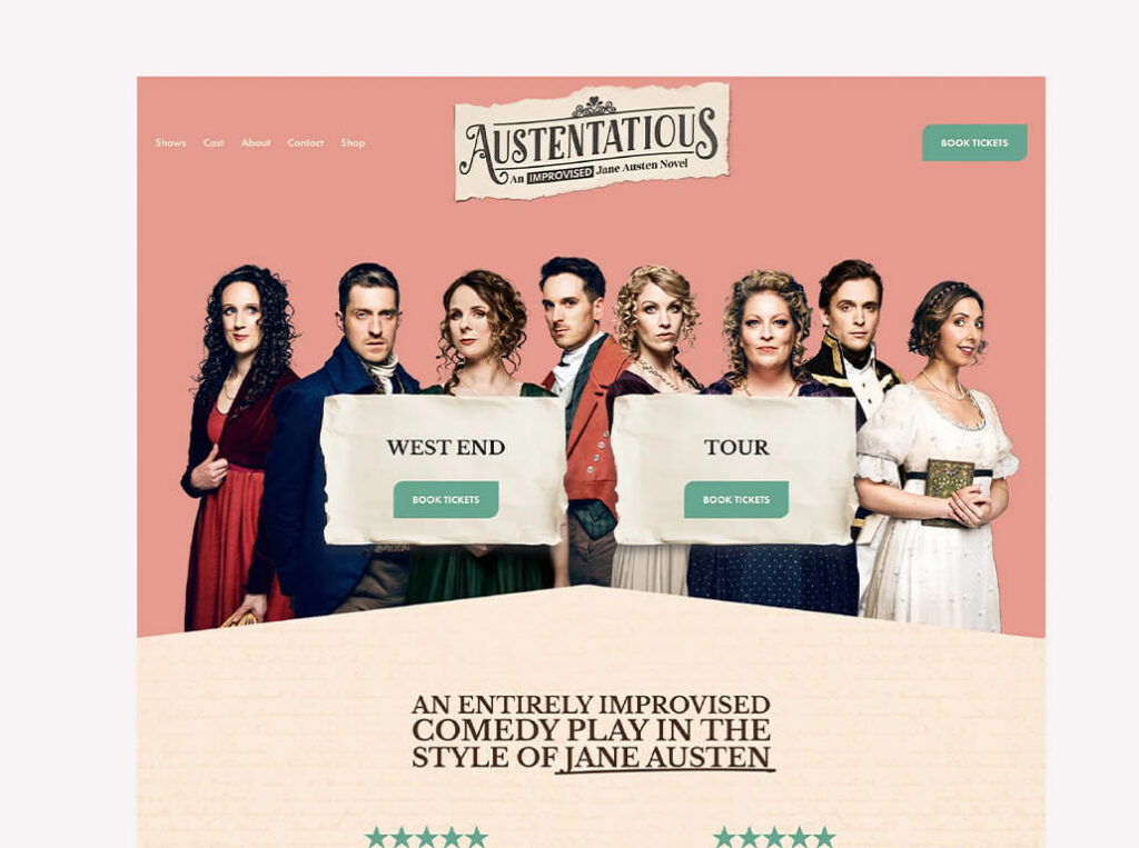 Austentatious cast: 7 actors in period costumes, with "West End" and "Tour" ticket buttons.