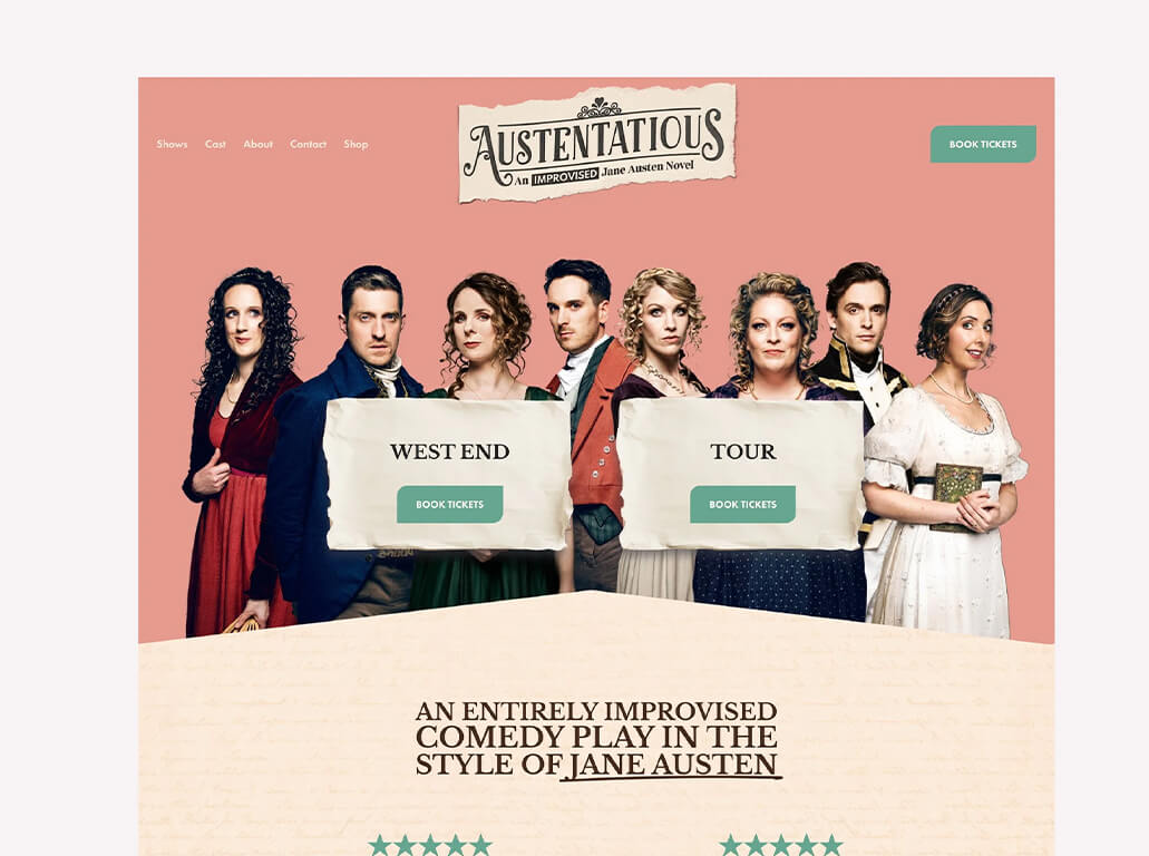 Austentatious cast: 7 actors in period costumes, with "West End" and "Tour" ticket buttons.