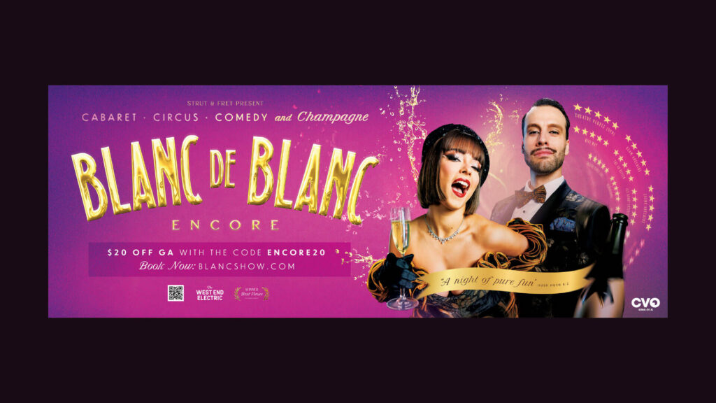 Blanc de Blanc Encore show poster: cabaret, circus, comedy, champagne, with performers