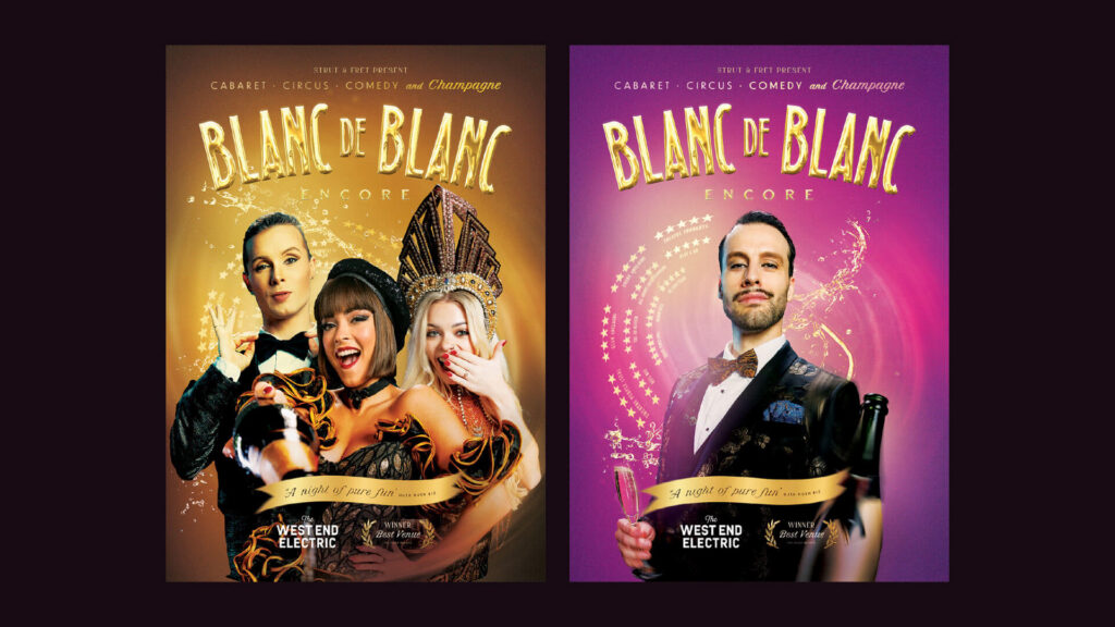 Blanc de Blanc Encore poster: cast in gold and purple outfits with champagne.