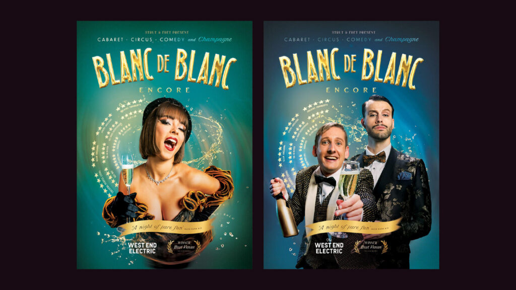 Blanc de Blanc Encore posters: woman in gold dress, men in suits with champagne