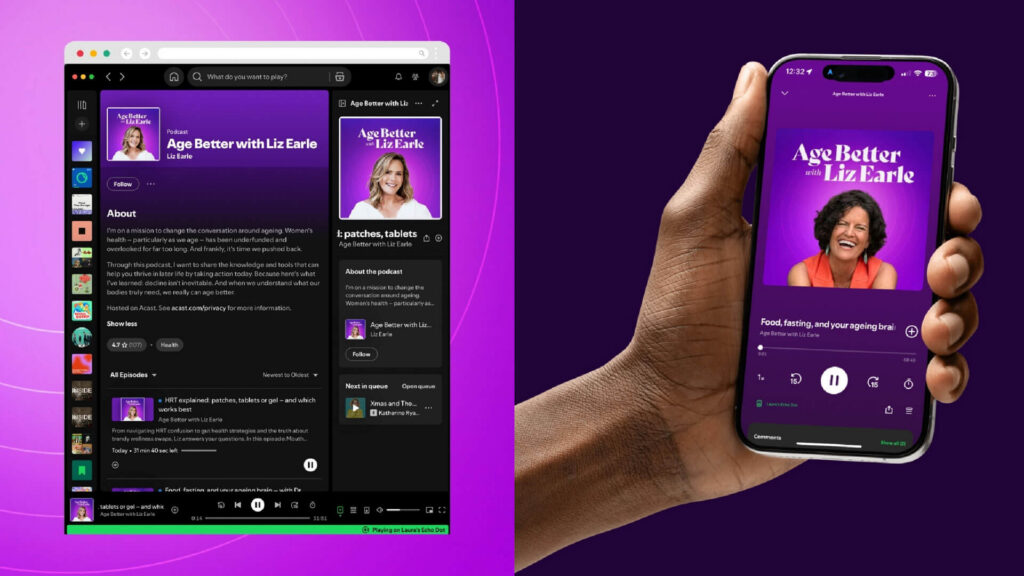 Liz Earle's 'Age Better' podcast displayed on a laptop and smartphone.