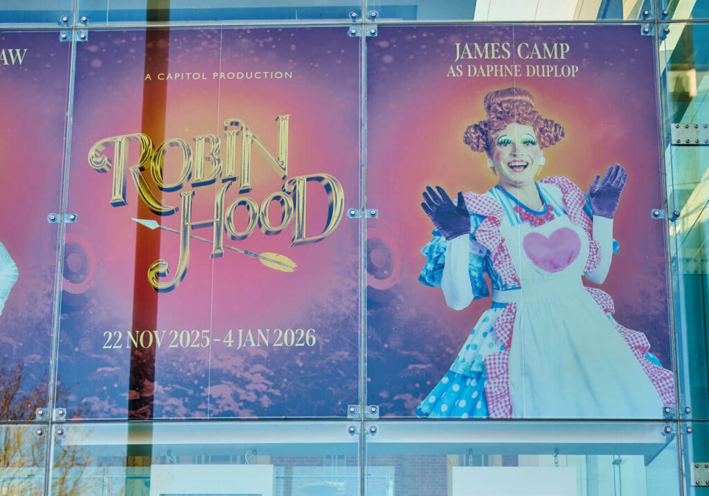 Robin Hood pantomime poster: James Camp as Daphne Du Mop, Nov 2025 - Jan 2026