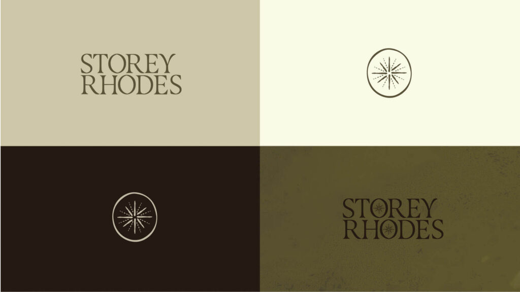 Storey Rhodes logo with starburst emblem on light and dark backgrounds.
