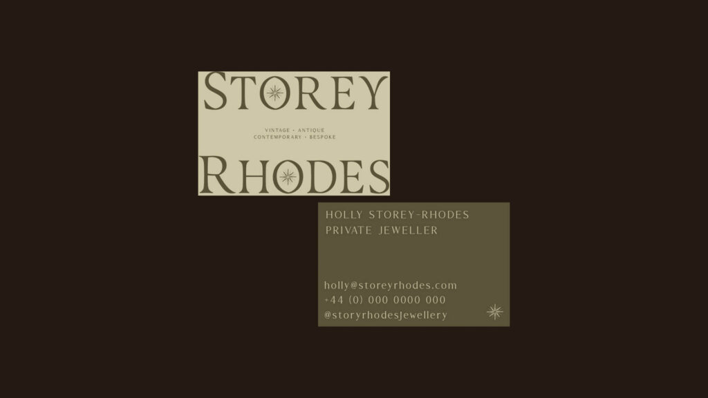 Storey Rhodes logo and business card with contact details