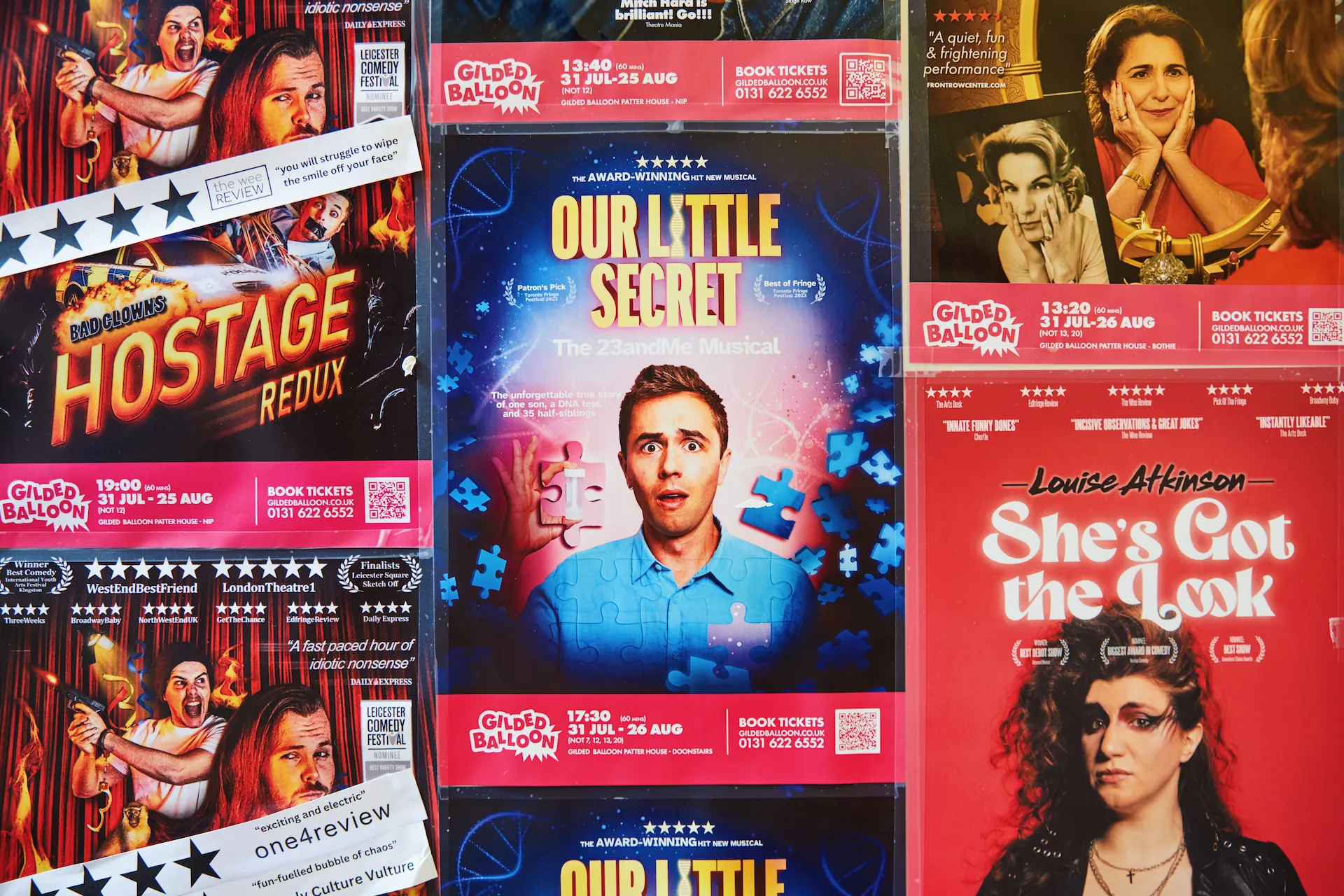Gilded Balloon show posters: Our Little Secret, Hostage Redux, and She's Got the Look.
