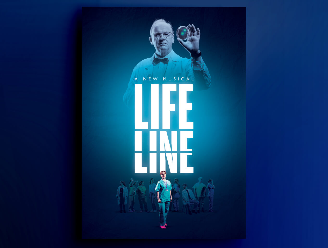Poster for "Life Line," a new musical, featuring a doctor and cast