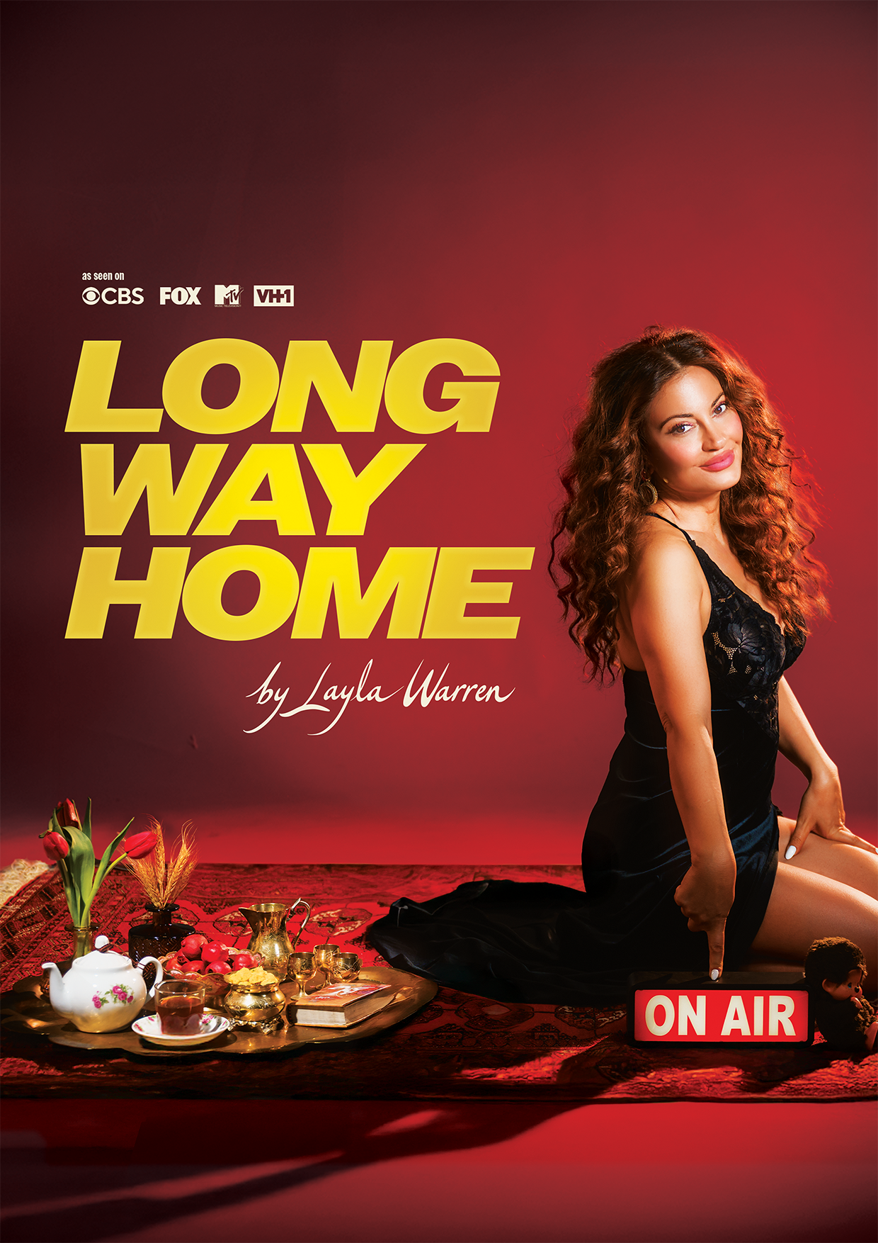 Long Way Home by Layla Warren poster with woman in black dress and "On Air" sign