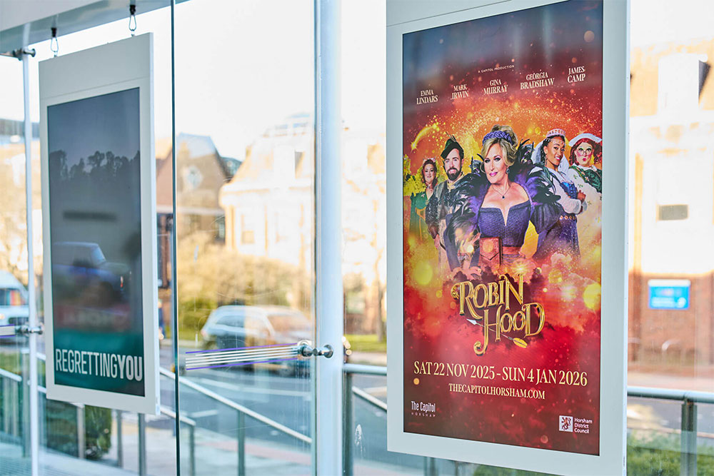 Robin Hood pantomime poster at The Capitol, Horsham, with Regretting You poster