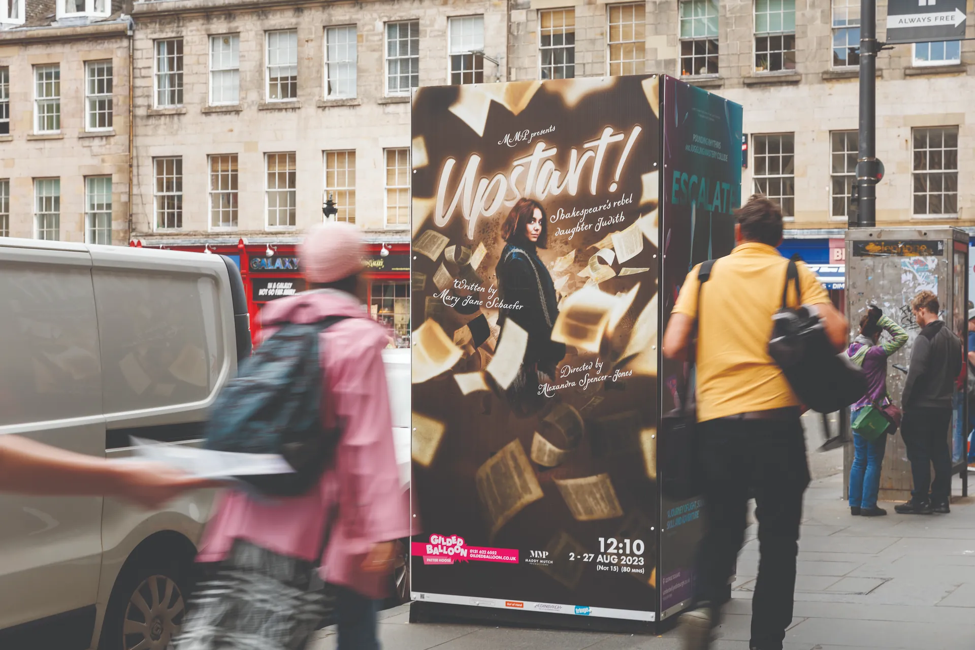 Upstart! theatre poster featuring Laura Whitehouse, with book graphics