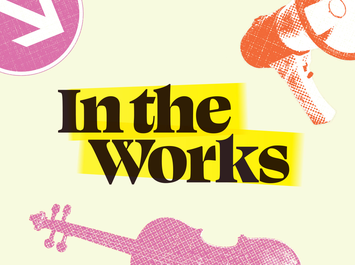 Graphic design for "In the Works" festival: megaphone, violin, arrow, text