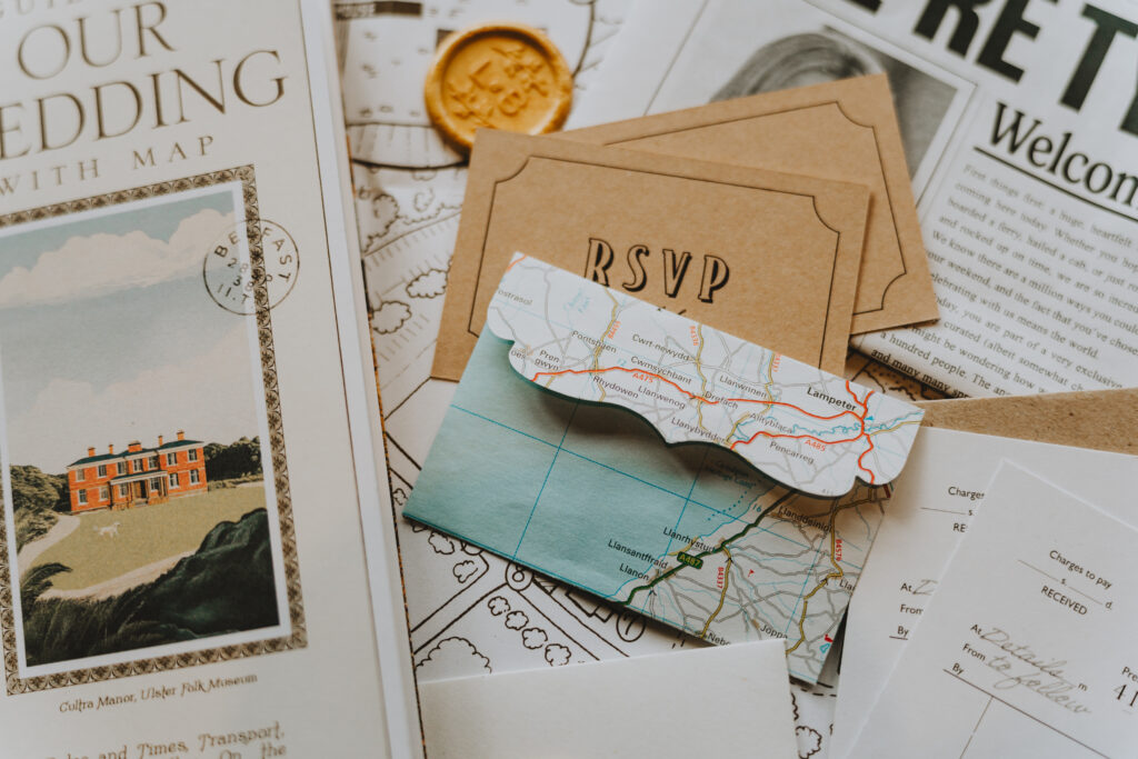 Wedding invitation suite with map details, RSVP card, and manor illustration