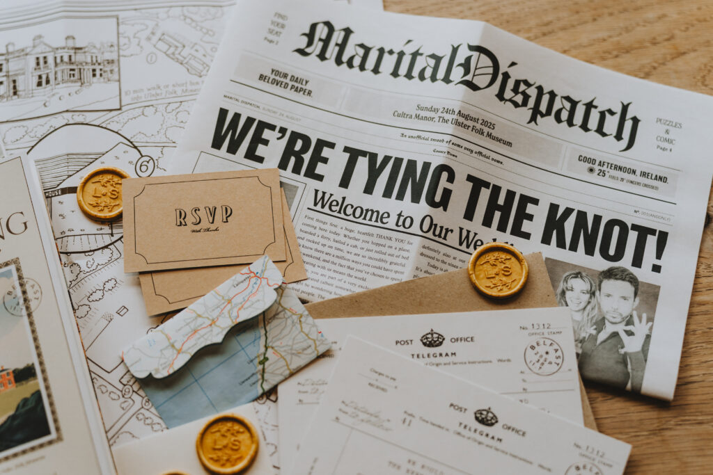 Wedding invitation suite and "WE'RE TYING THE KNOT!" newspaper headline