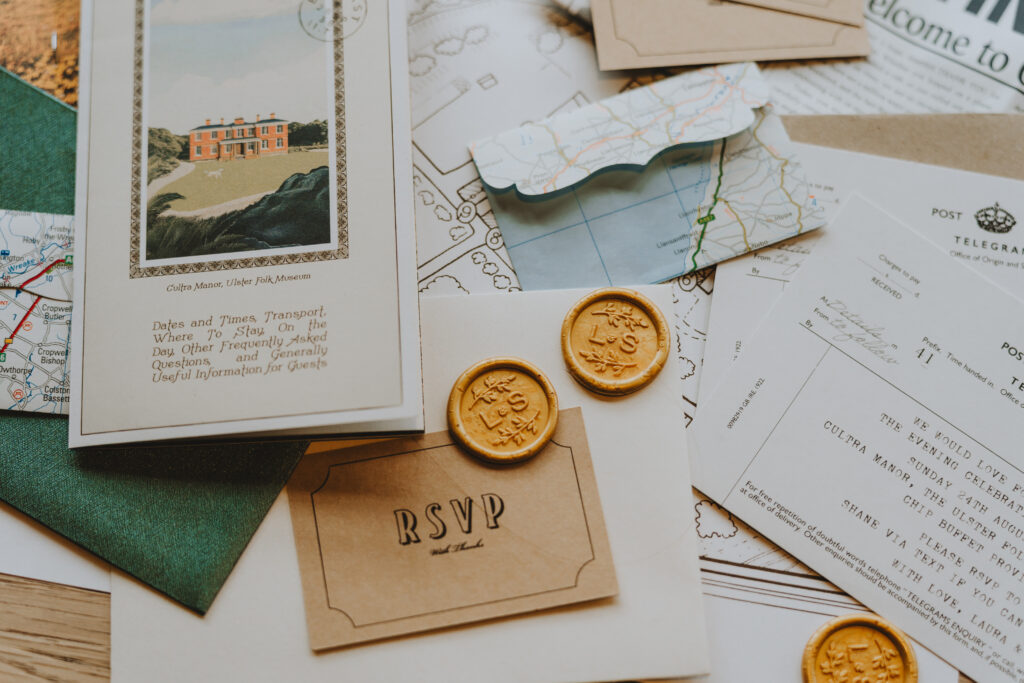 Wedding stationery: RSVP card, invitation, map, and wax seals