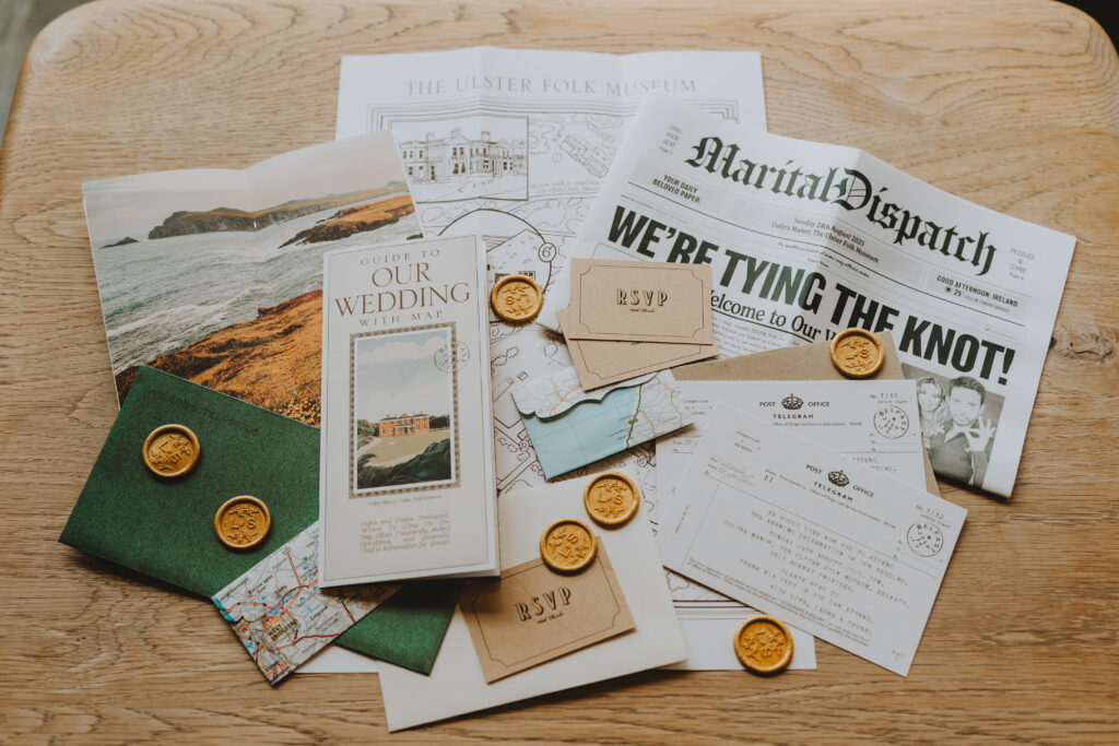 Wedding invitation suite with "Guide to Our Wedding" book, map, and "Marital Dispatch" newspaper.